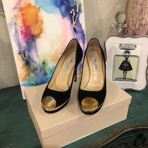 Jimmy Choo Suede Leather Pumps Black/Gold - 38 1/2